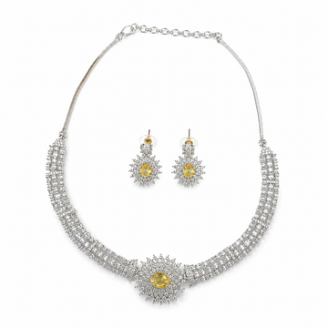 AAA American Diamond Filigree Lace Jaal Necklace Set | Rhodium Plated Brass CZ Bridal Jewellery Set | Statement AD Necklace with Earrings