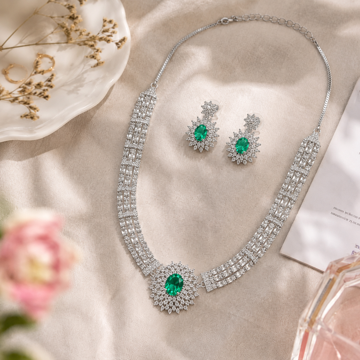 AAA American Diamond Filigree Lace Jaal Necklace Set | Rhodium Plated Brass CZ Bridal Jewellery Set | Statement AD Necklace with Earrings