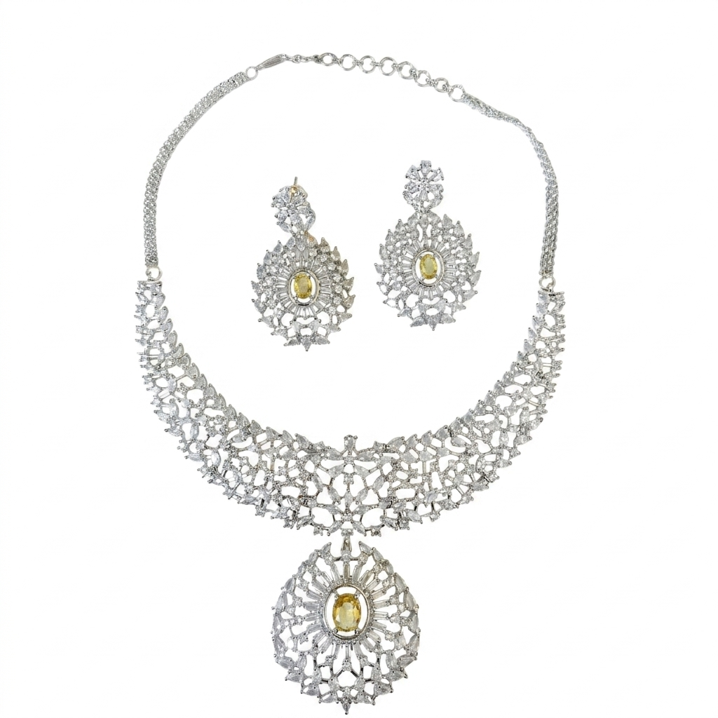 AAA American Diamond Classic CZ Cluster Choker Necklace Set | Rhodium Plated Brass Bridal Jewellery Set | AD Necklace with Earrings