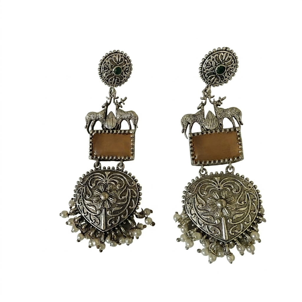 Deer Motif Stone Jhumka Long Dangler Earrings | Oxidised Silver Plated Brass Ethnic Earrings | Temple Folk Jewellery for Women