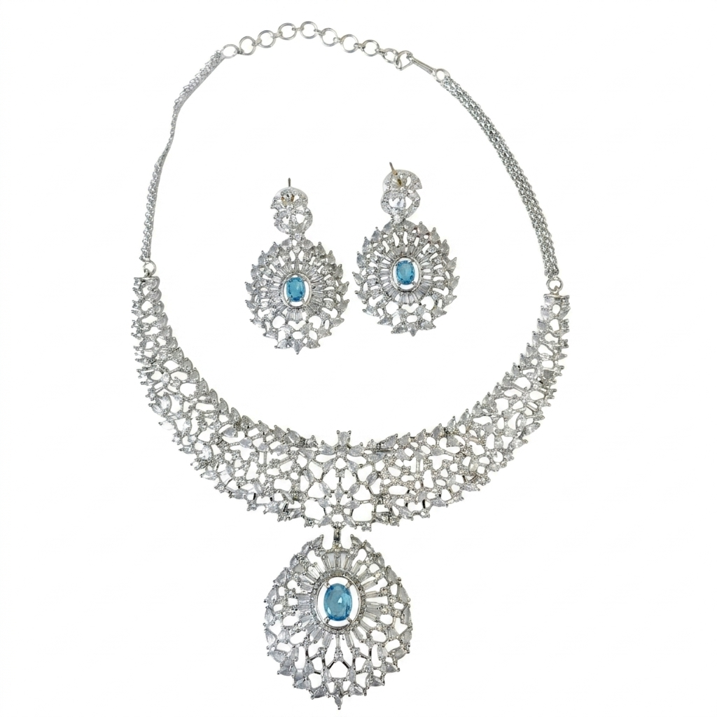 AAA American Diamond Classic CZ Cluster Choker Necklace Set | Rhodium Plated Brass Bridal Jewellery Set | AD Necklace with Earrings