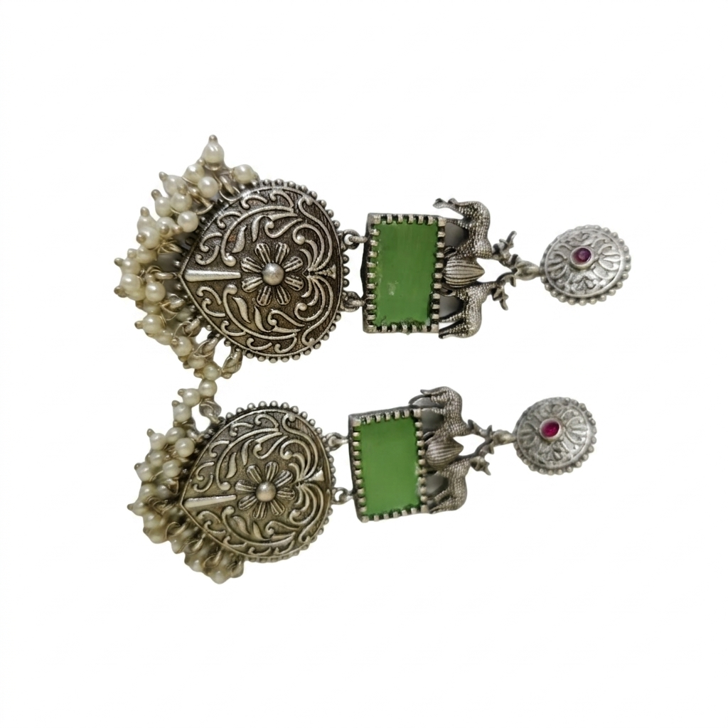 Deer Motif Stone Jhumka Long Dangler Earrings | Oxidised Silver Plated Brass Ethnic Earrings | Temple Folk Jewellery for Women