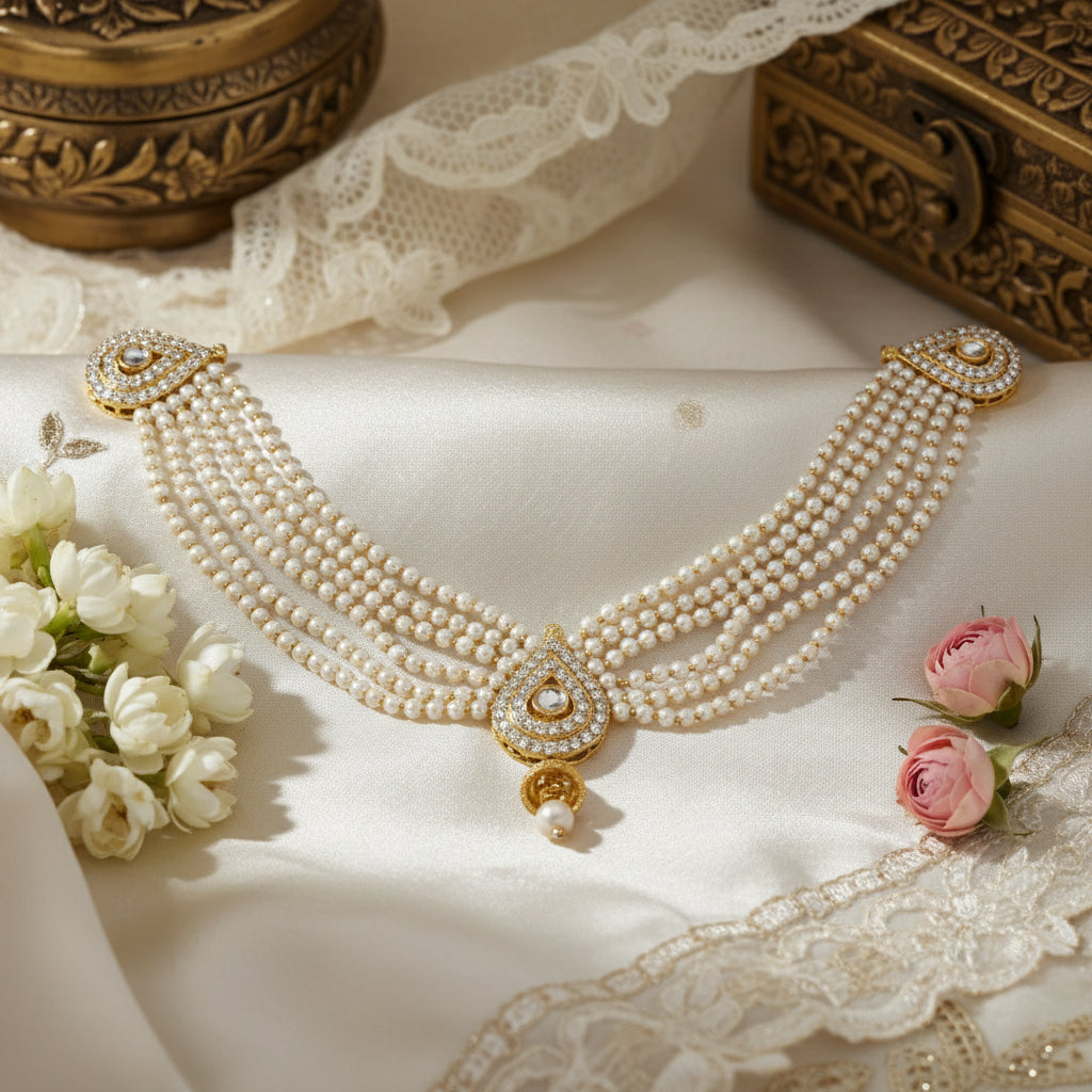 Royal Aura Pearl Cascade – Blouse Ornament