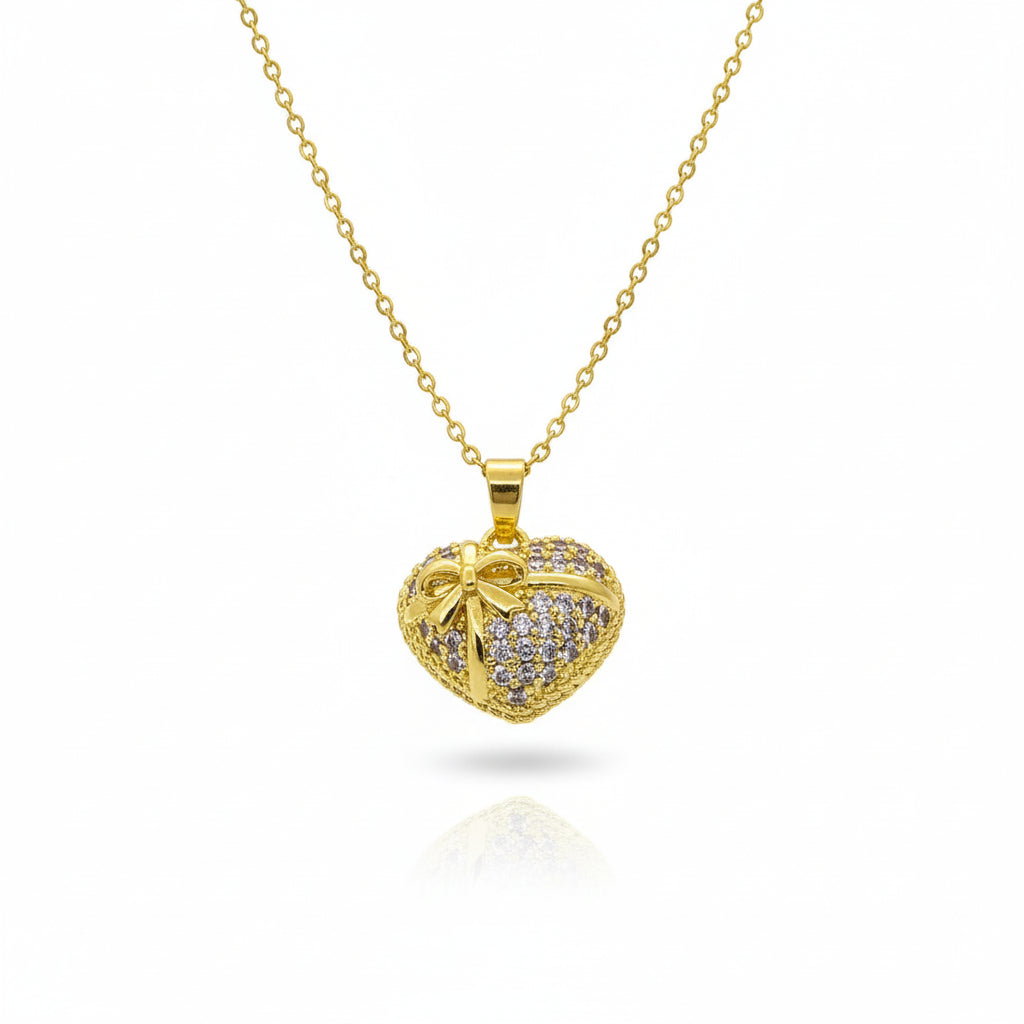 Bow Amour – Pave Heart Pendant Necklace