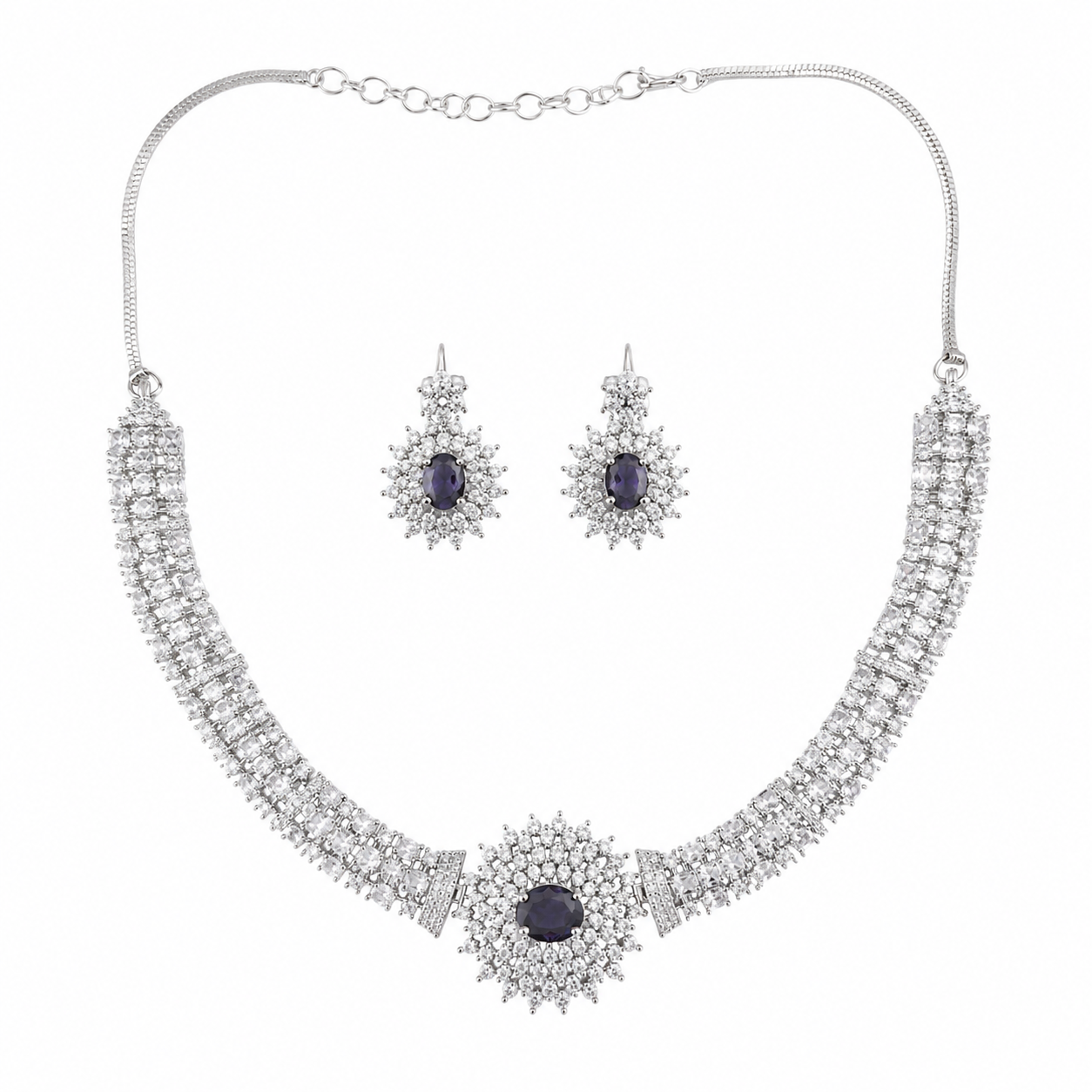 AAA American Diamond Filigree Lace Jaal Necklace Set | Rhodium Plated Brass CZ Bridal Jewellery Set | Statement AD Necklace with Earrings