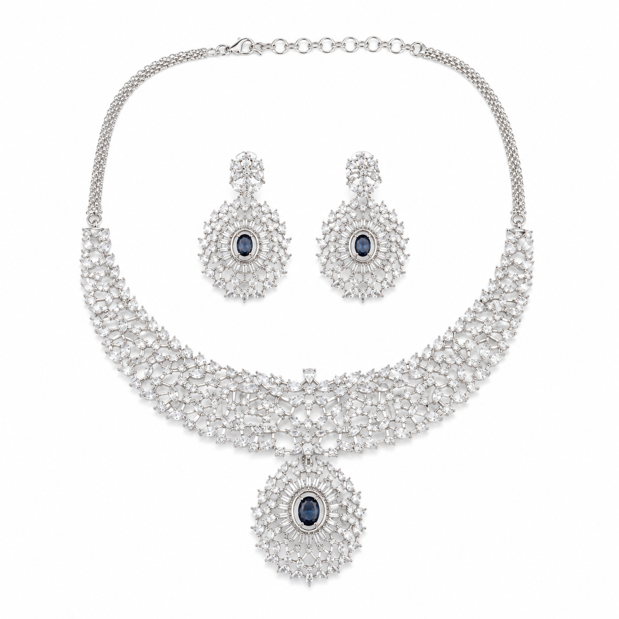 AAA American Diamond Classic CZ Cluster Choker Necklace Set | Rhodium Plated Brass Bridal Jewellery Set | AD Necklace with Earrings