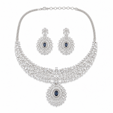 AAA American Diamond Classic CZ Cluster Choker Necklace Set | Rhodium Plated Brass Bridal Jewellery Set | AD Necklace with Earrings