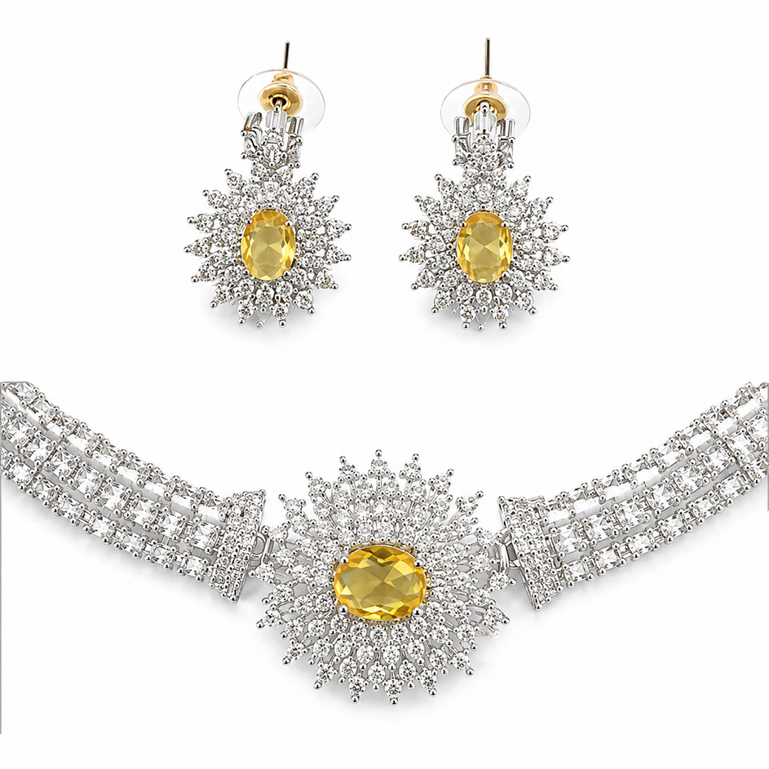 AAA American Diamond Filigree Lace Jaal Necklace Set | Rhodium Plated Brass CZ Bridal Jewellery Set | Statement AD Necklace with Earrings