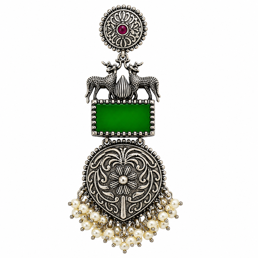 Deer Motif Stone Jhumka Long Dangler Earrings | Oxidised Silver Plated Brass Ethnic Earrings | Temple Folk Jewellery for Women