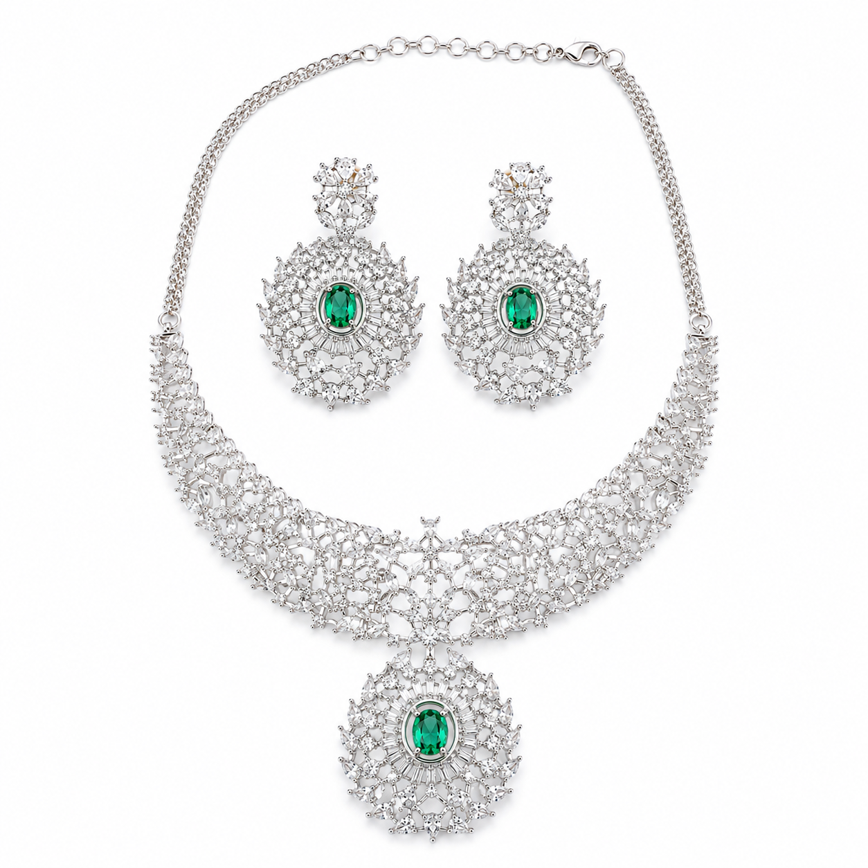 AAA American Diamond Classic CZ Cluster Choker Necklace Set | Rhodium Plated Brass Bridal Jewellery Set | AD Necklace with Earrings