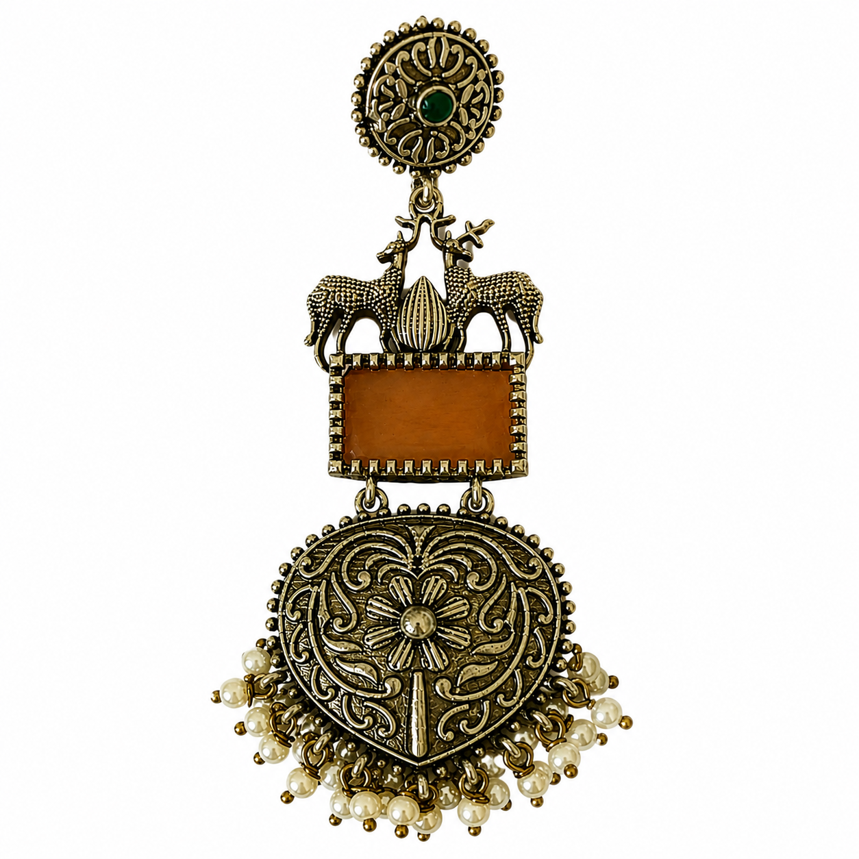 Deer Motif Stone Jhumka Long Dangler Earrings | Oxidised Silver Plated Brass Ethnic Earrings | Temple Folk Jewellery for Women