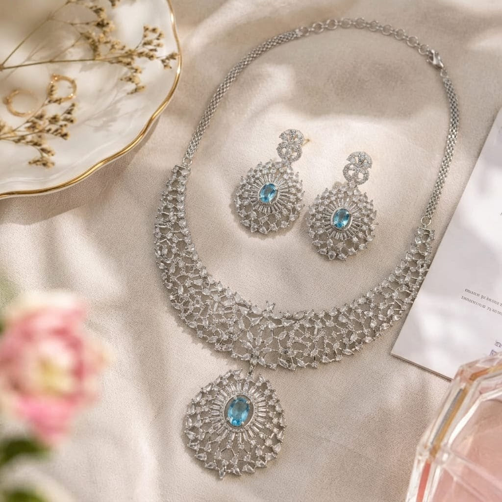 AAA American Diamond Classic CZ Cluster Choker Necklace Set | Rhodium Plated Brass Bridal Jewellery Set | AD Necklace with Earrings