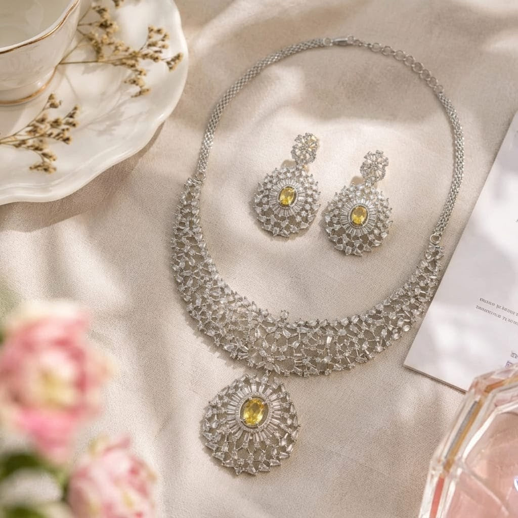 AAA American Diamond Classic CZ Cluster Choker Necklace Set | Rhodium Plated Brass Bridal Jewellery Set | AD Necklace with Earrings