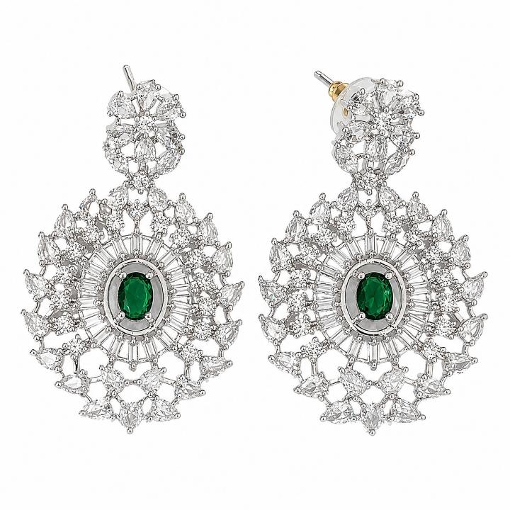 AAA American Diamond Classic CZ Cluster Choker Necklace Set | Rhodium Plated Brass Bridal Jewellery Set | AD Necklace with Earrings