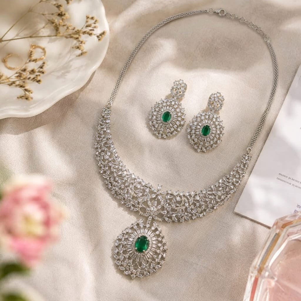 AAA American Diamond Classic CZ Cluster Choker Necklace Set | Rhodium Plated Brass Bridal Jewellery Set | AD Necklace with Earrings