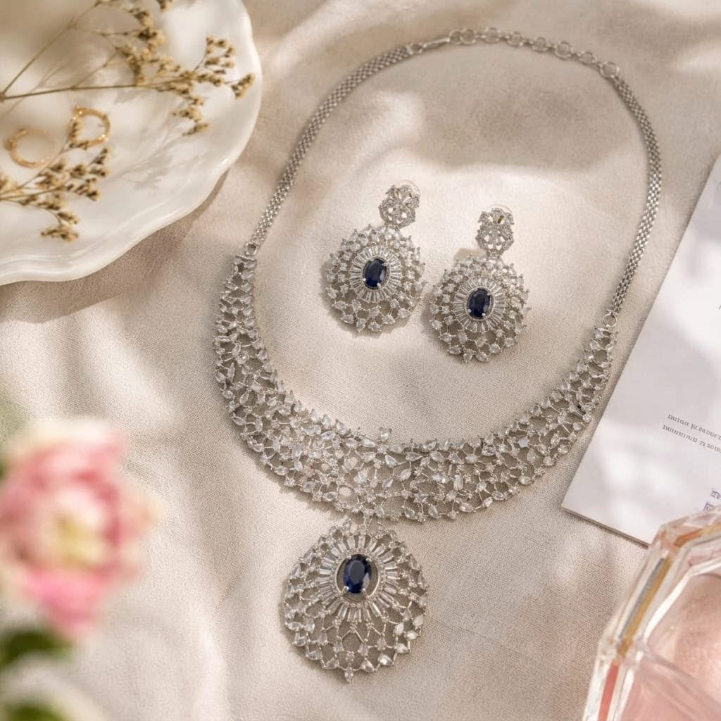 AAA American Diamond Classic CZ Cluster Choker Necklace Set | Rhodium Plated Brass Bridal Jewellery Set | AD Necklace with Earrings