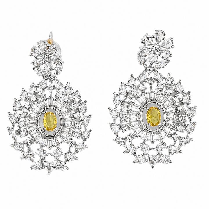 AAA American Diamond Classic CZ Cluster Choker Necklace Set | Rhodium Plated Brass Bridal Jewellery Set | AD Necklace with Earrings