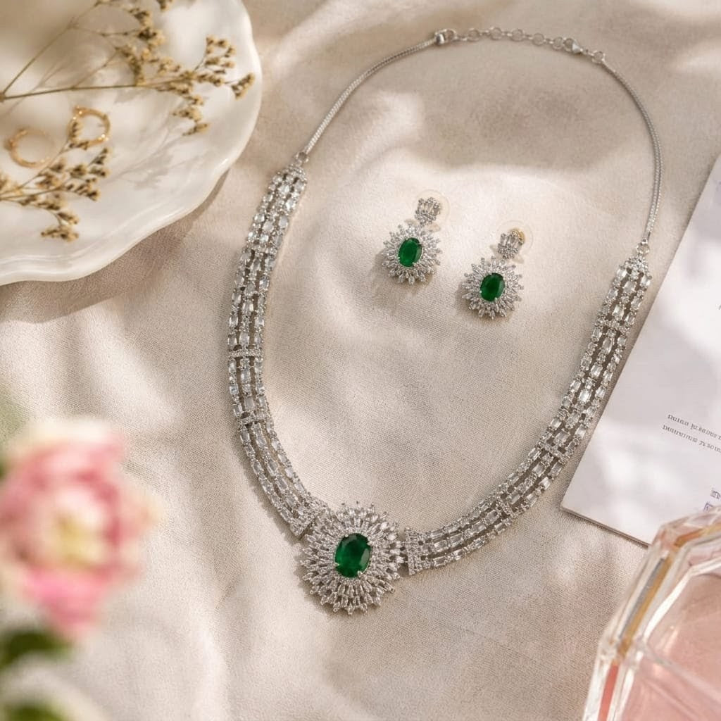 AAA American Diamond Filigree Lace Jaal Necklace Set | Rhodium Plated Brass CZ Bridal Jewellery Set | Statement AD Necklace with Earrings