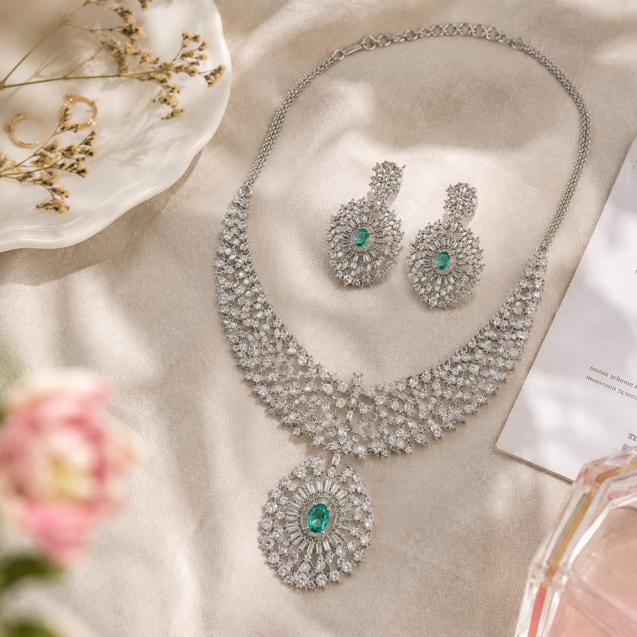 AAA American Diamond Classic CZ Cluster Choker Necklace Set | Rhodium Plated Brass Bridal Jewellery Set | AD Necklace with Earrings
