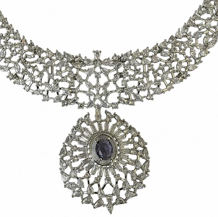 AAA American Diamond Classic CZ Cluster Choker Necklace Set | Rhodium Plated Brass Bridal Jewellery Set | AD Necklace with Earrings
