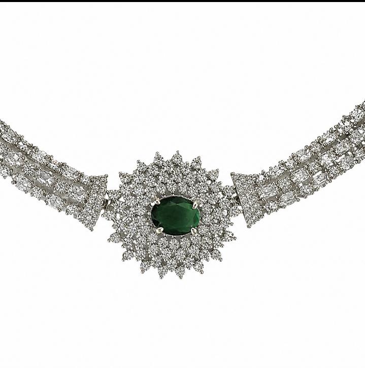 AAA American Diamond Filigree Lace Jaal Necklace Set | Rhodium Plated Brass CZ Bridal Jewellery Set | Statement AD Necklace with Earrings