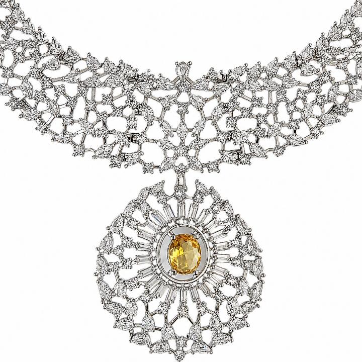 AAA American Diamond Classic CZ Cluster Choker Necklace Set | Rhodium Plated Brass Bridal Jewellery Set | AD Necklace with Earrings