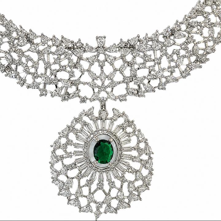 AAA American Diamond Classic CZ Cluster Choker Necklace Set | Rhodium Plated Brass Bridal Jewellery Set | AD Necklace with Earrings
