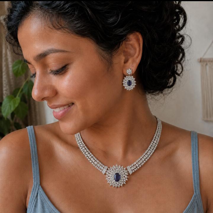 AAA American Diamond Filigree Lace Jaal Necklace Set | Rhodium Plated Brass CZ Bridal Jewellery Set | Statement AD Necklace with Earrings