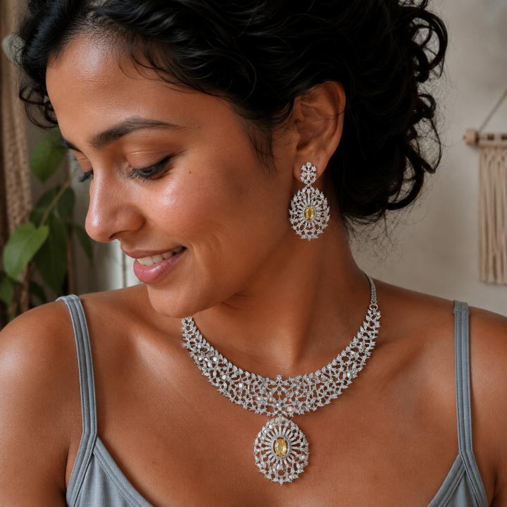 AAA American Diamond Classic CZ Cluster Choker Necklace Set | Rhodium Plated Brass Bridal Jewellery Set | AD Necklace with Earrings