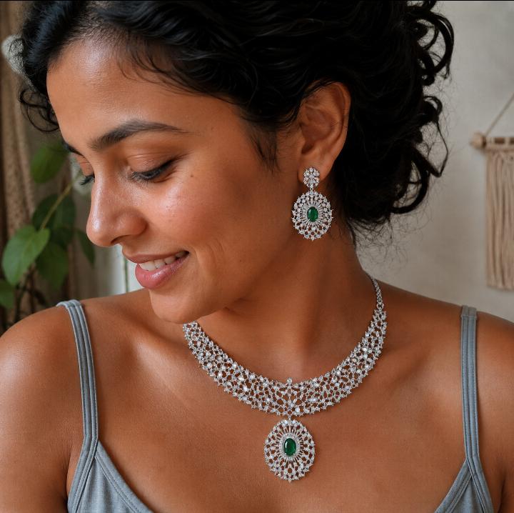 AAA American Diamond Classic CZ Cluster Choker Necklace Set | Rhodium Plated Brass Bridal Jewellery Set | AD Necklace with Earrings