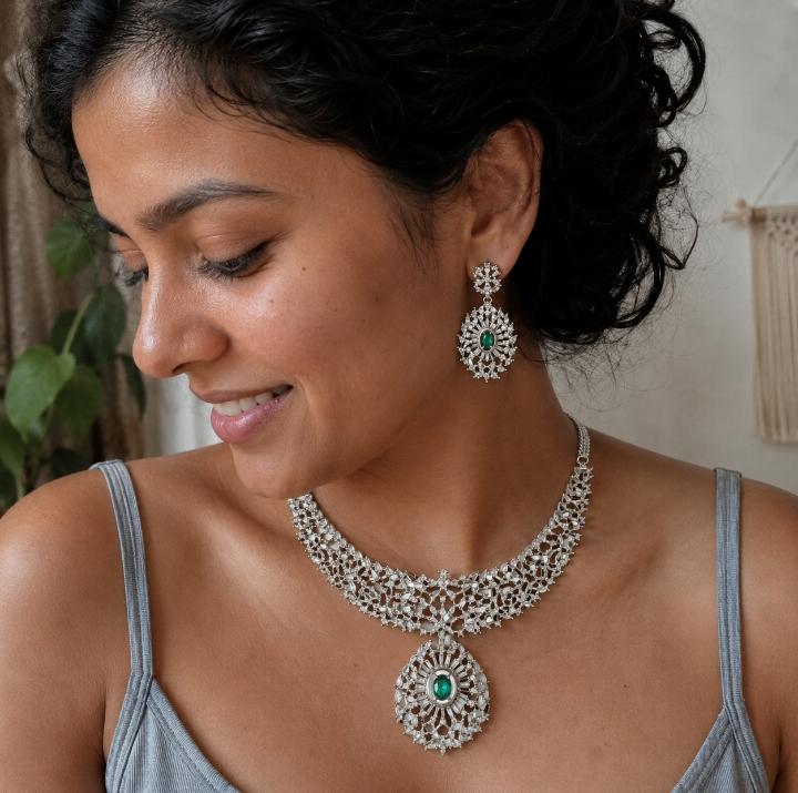 AAA American Diamond Classic CZ Cluster Choker Necklace Set | Rhodium Plated Brass Bridal Jewellery Set | AD Necklace with Earrings