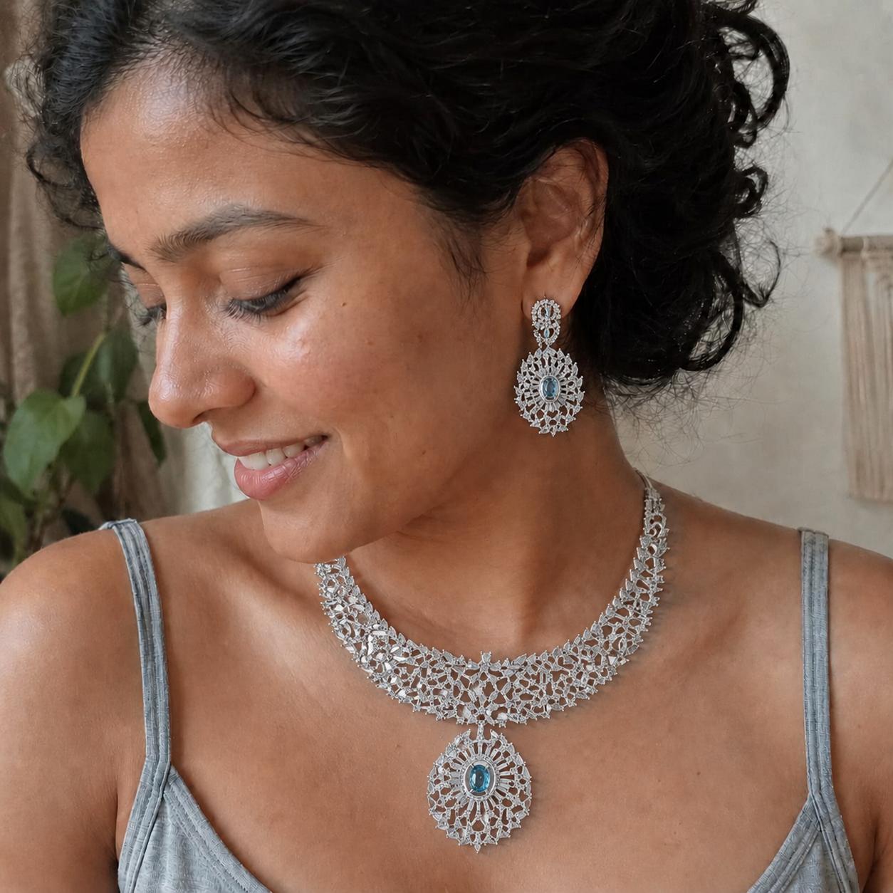 AAA American Diamond Classic CZ Cluster Choker Necklace Set | Rhodium Plated Brass Bridal Jewellery Set | AD Necklace with Earrings
