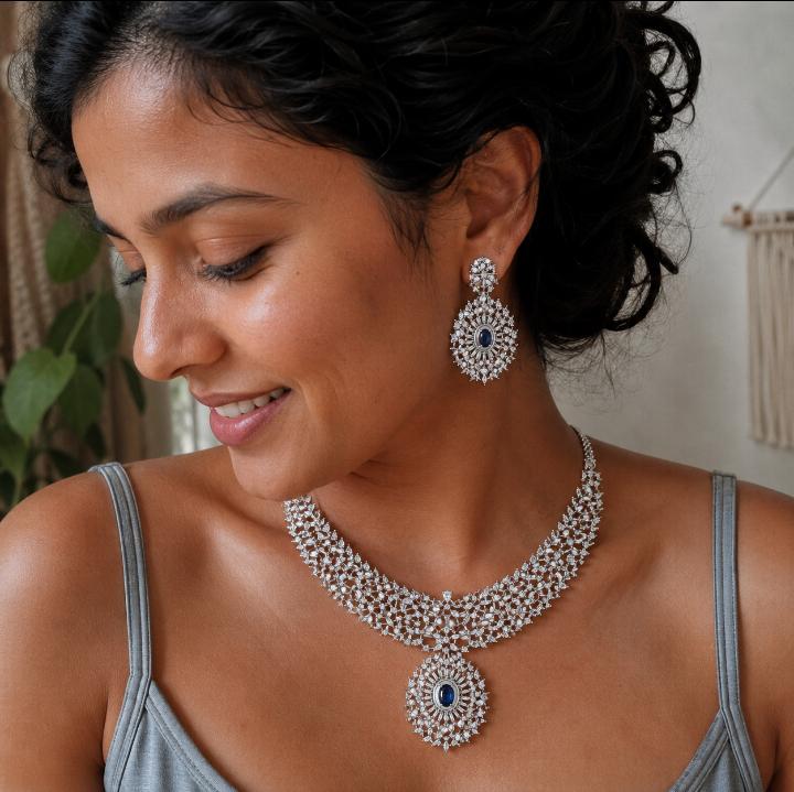 AAA American Diamond Classic CZ Cluster Choker Necklace Set | Rhodium Plated Brass Bridal Jewellery Set | AD Necklace with Earrings