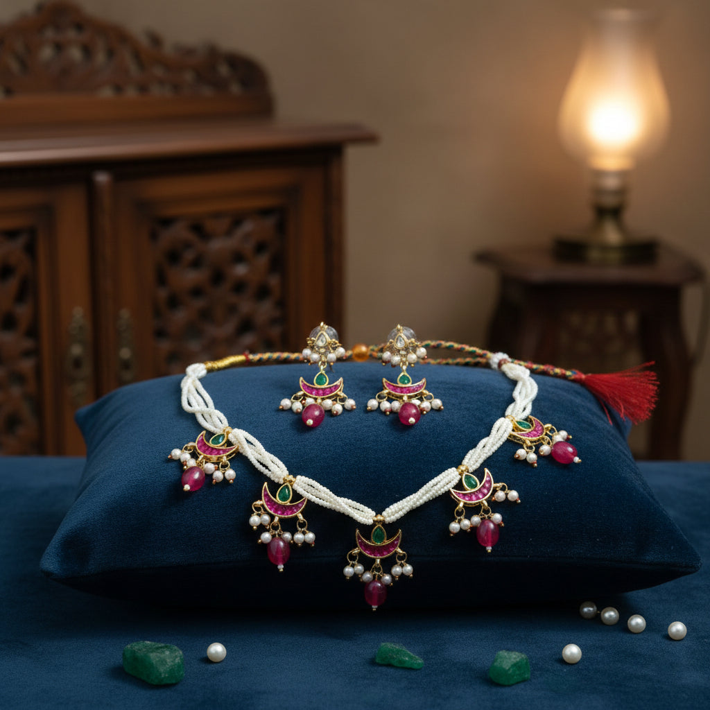 Meenakari Crescent Pearl Necklace Set
