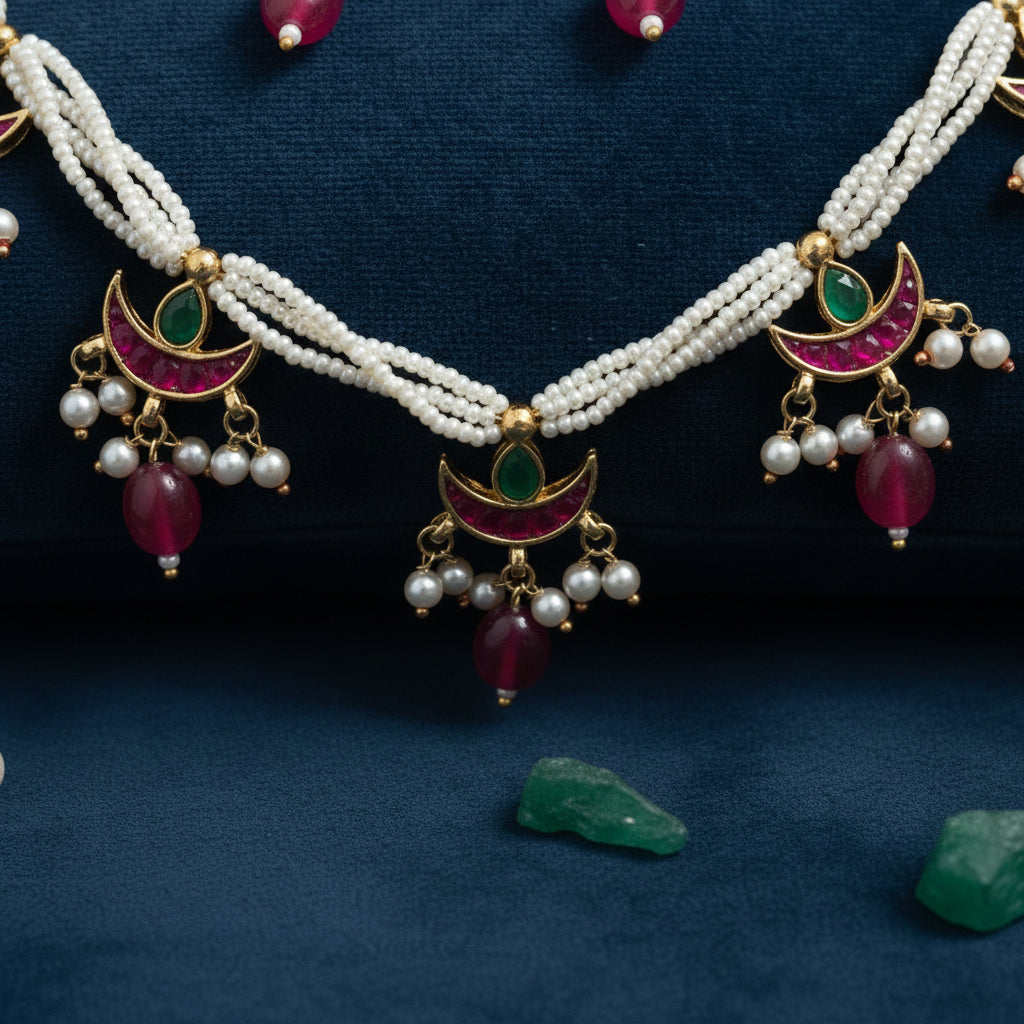 Meenakari Crescent Pearl Necklace Set