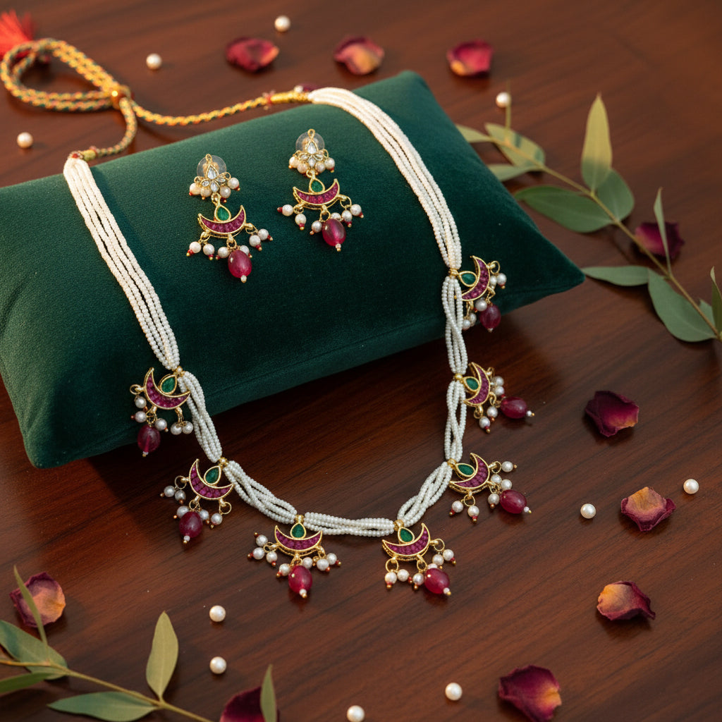 Meenakari Crescent Pearl Necklace Set