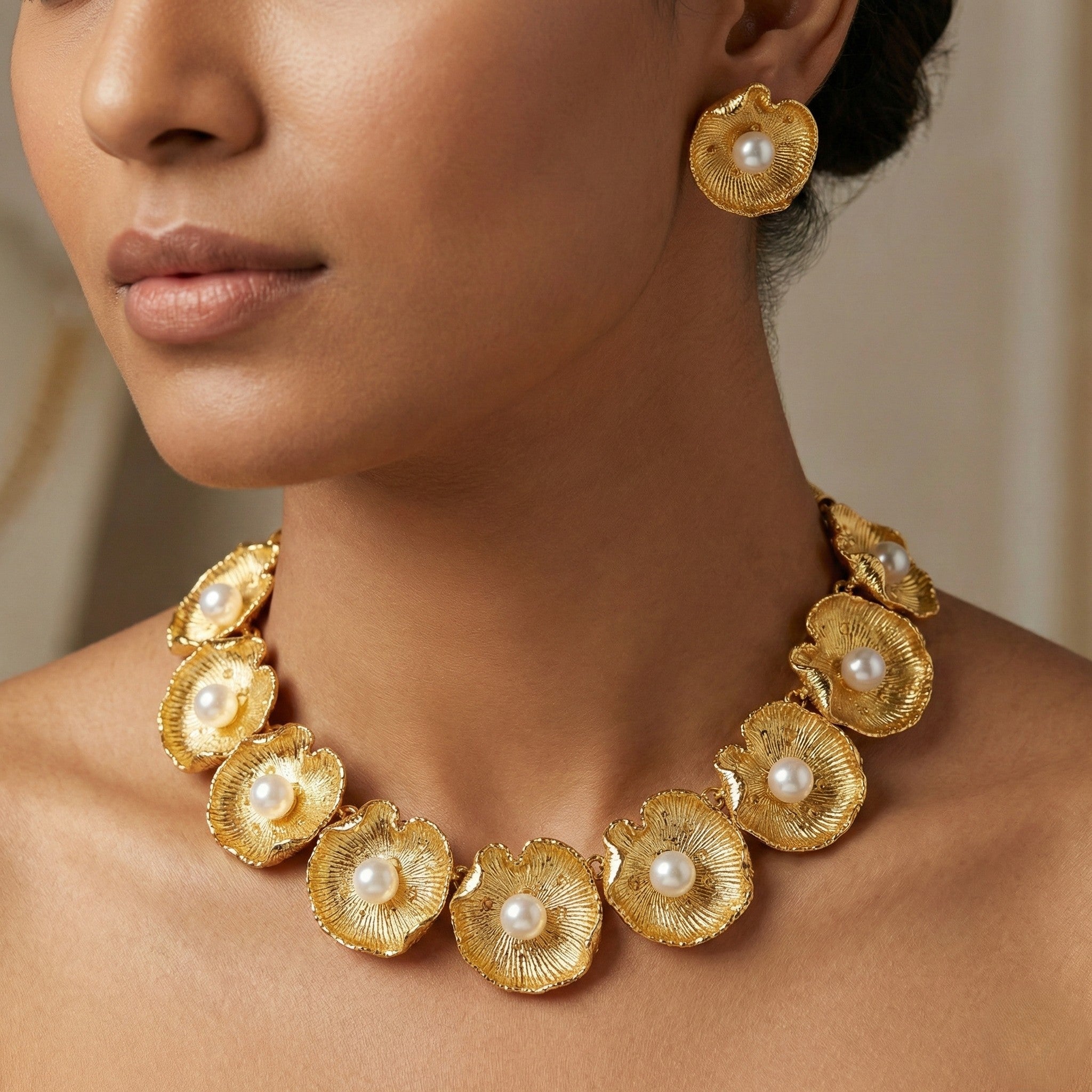Golden Flora Pearl Statement Necklace