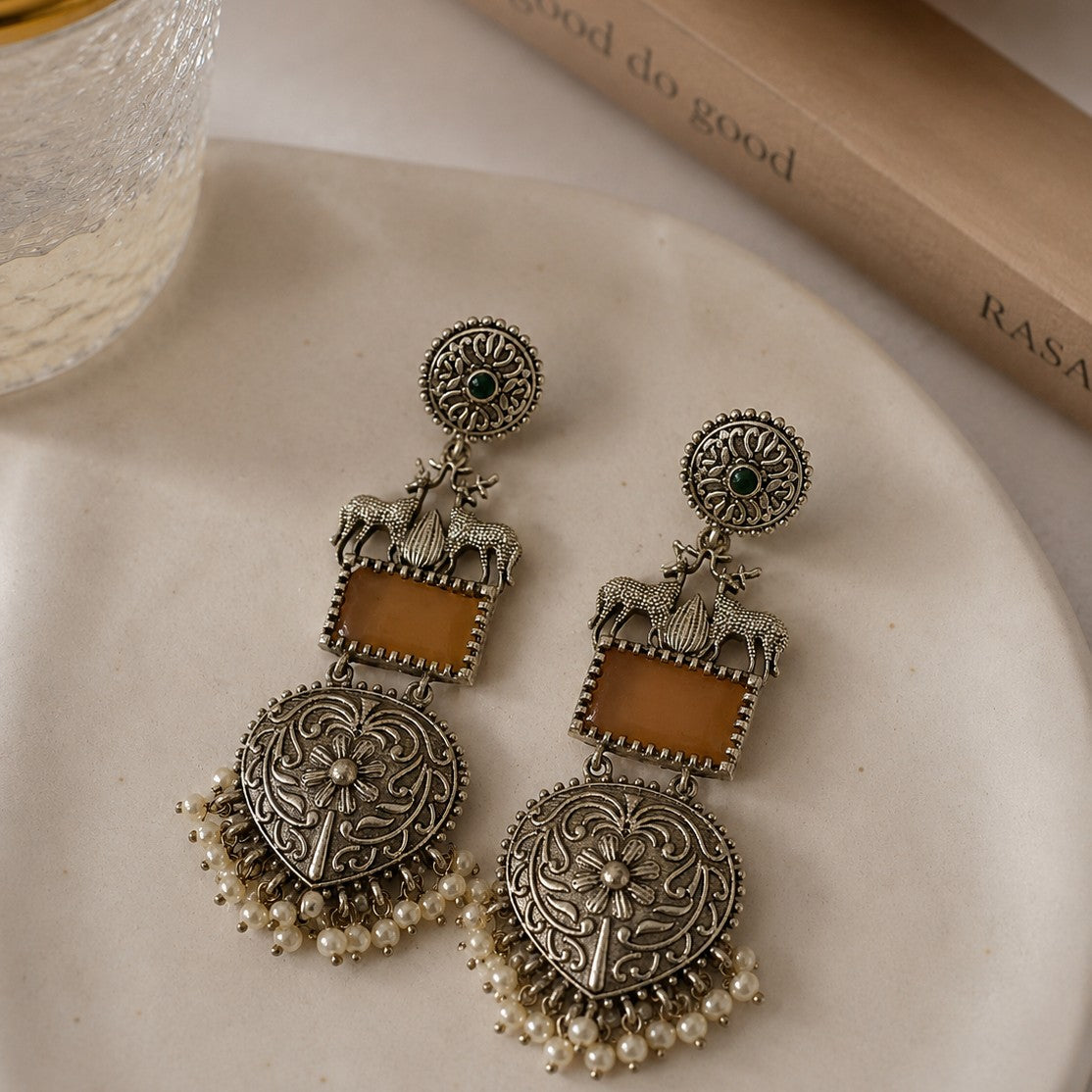 Deer Motif Stone Jhumka Long Dangler Earrings | Oxidised Silver Plated Brass Ethnic Earrings | Temple Folk Jewellery for Women