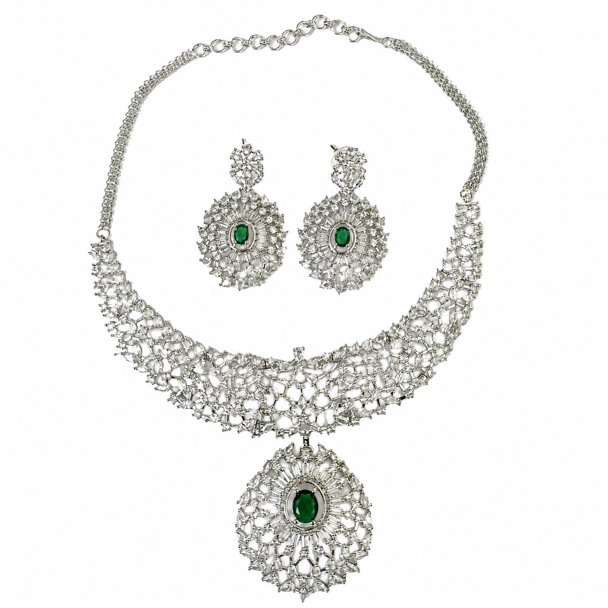 AAA American Diamond Classic CZ Cluster Choker Necklace Set | Rhodium Plated Brass Bridal Jewellery Set | AD Necklace with Earrings