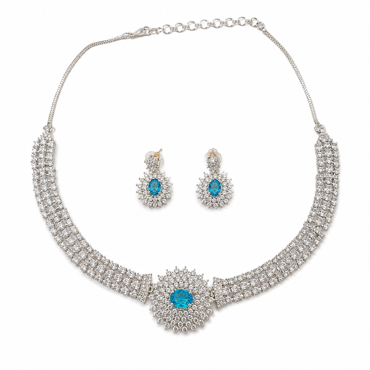 AAA American Diamond Filigree Lace Jaal Necklace Set | Rhodium Plated Brass CZ Bridal Jewellery Set | Statement AD Necklace with Earrings
