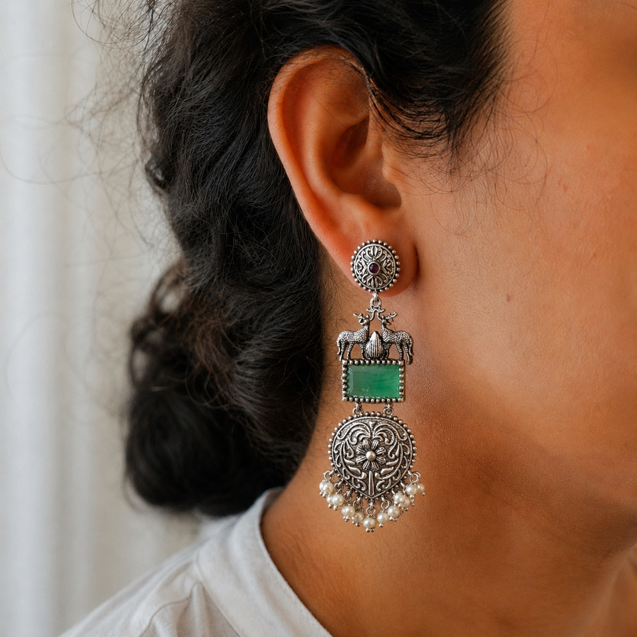 Deer Motif Stone Jhumka Long Dangler Earrings | Oxidised Silver Plated Brass Ethnic Earrings | Temple Folk Jewellery for Women