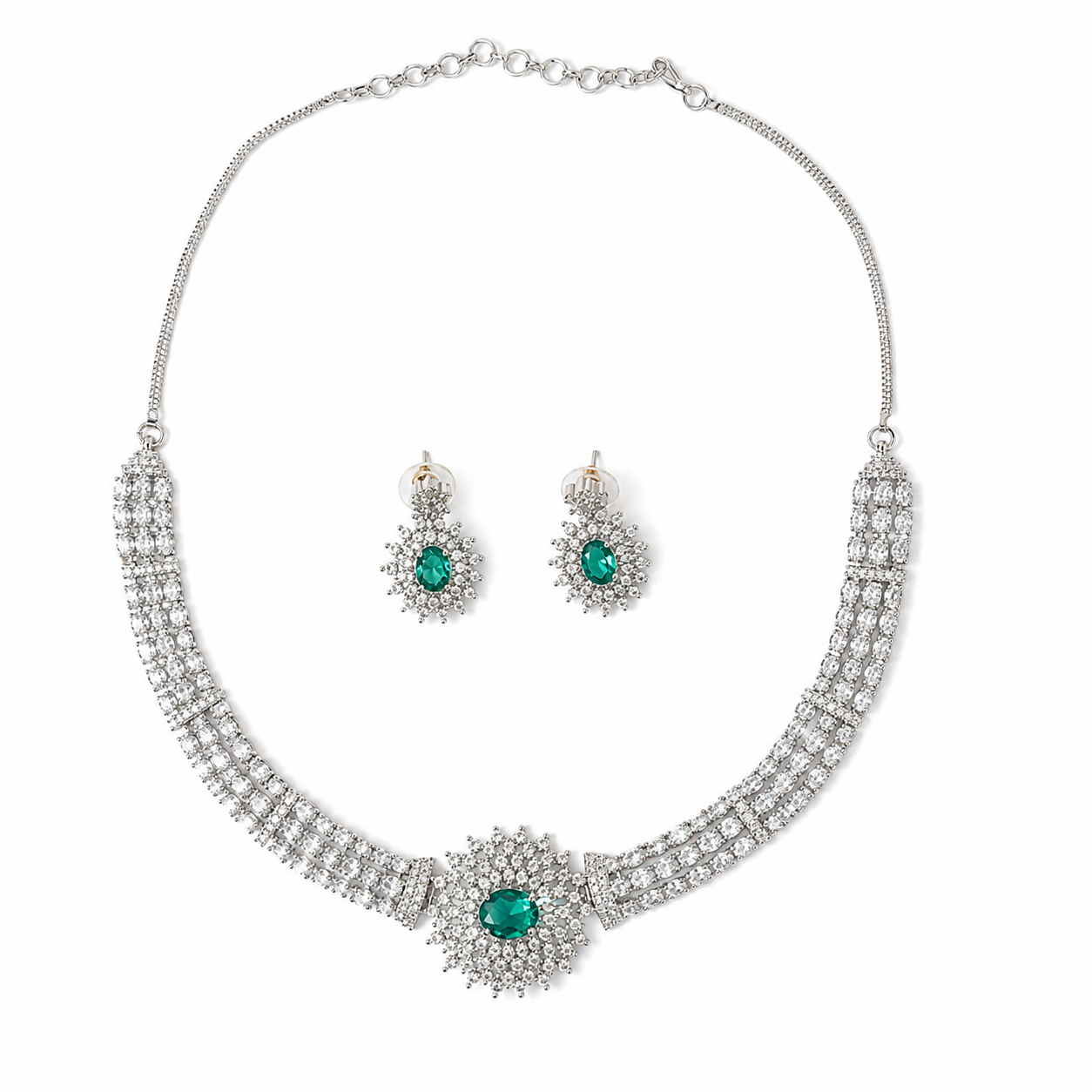AAA American Diamond Filigree Lace Jaal Necklace Set | Rhodium Plated Brass CZ Bridal Jewellery Set | Statement AD Necklace with Earrings