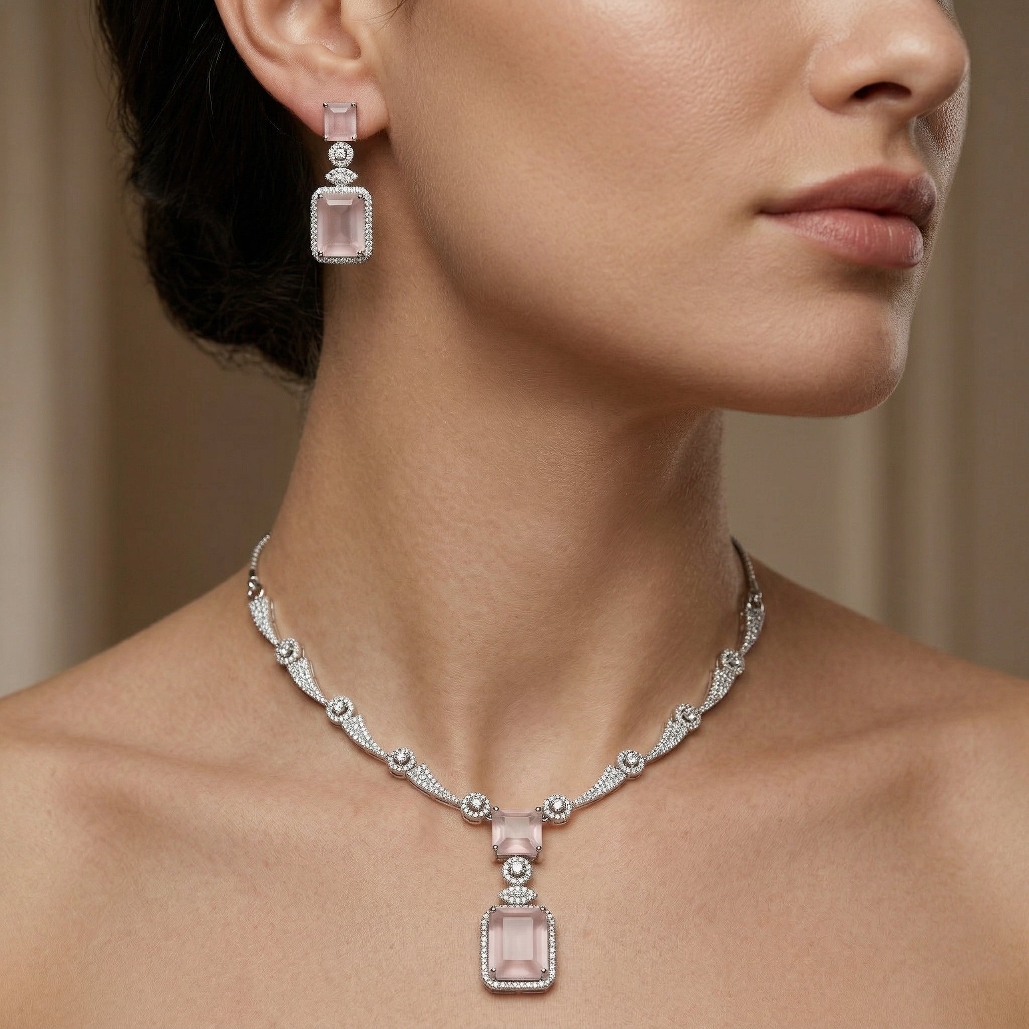 Regal Geometry American Diamond Necklace Set (Rhodium Plated)