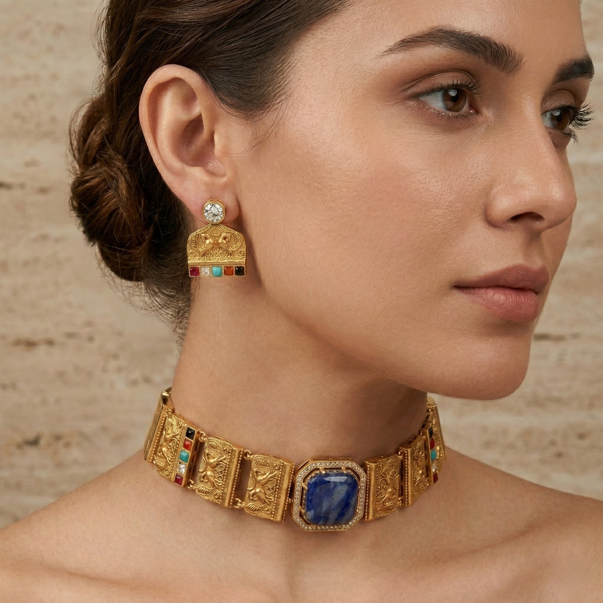Gold Plated Brass Choker Necklace Set with Natural Russian Stone & Multicolour Semi-Precious Stones | Mughal-Inspired Heritage Jewellery Set for Women