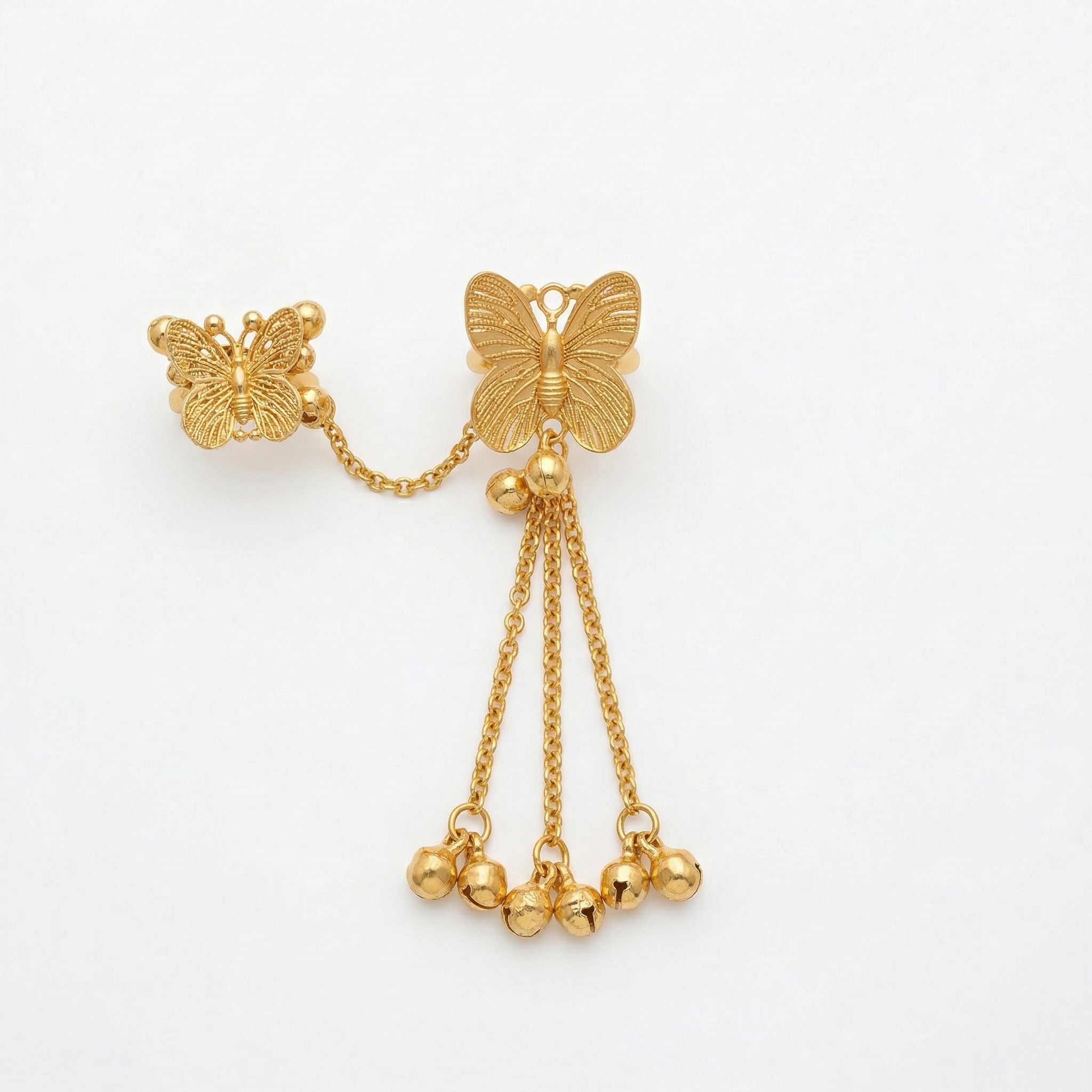 Gold Plated Butterfly Double Finger Ring with Ghungroo Chain Tassels | Brass Statement Ring for Women