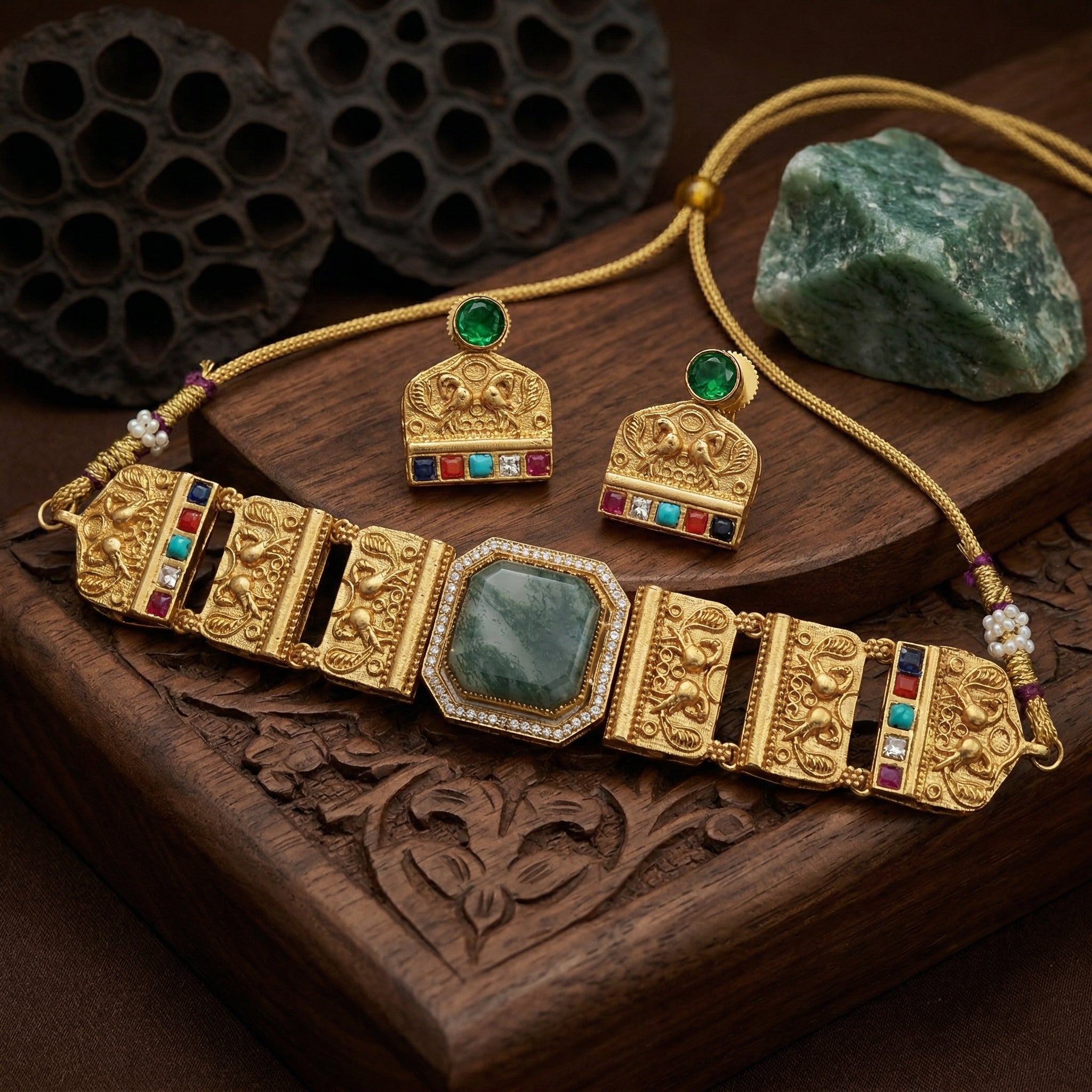 Gold Plated Brass Choker Necklace Set with Natural Russian Stone & Multicolour Semi-Precious Stones | Mughal-Inspired Heritage Jewellery Set for Women