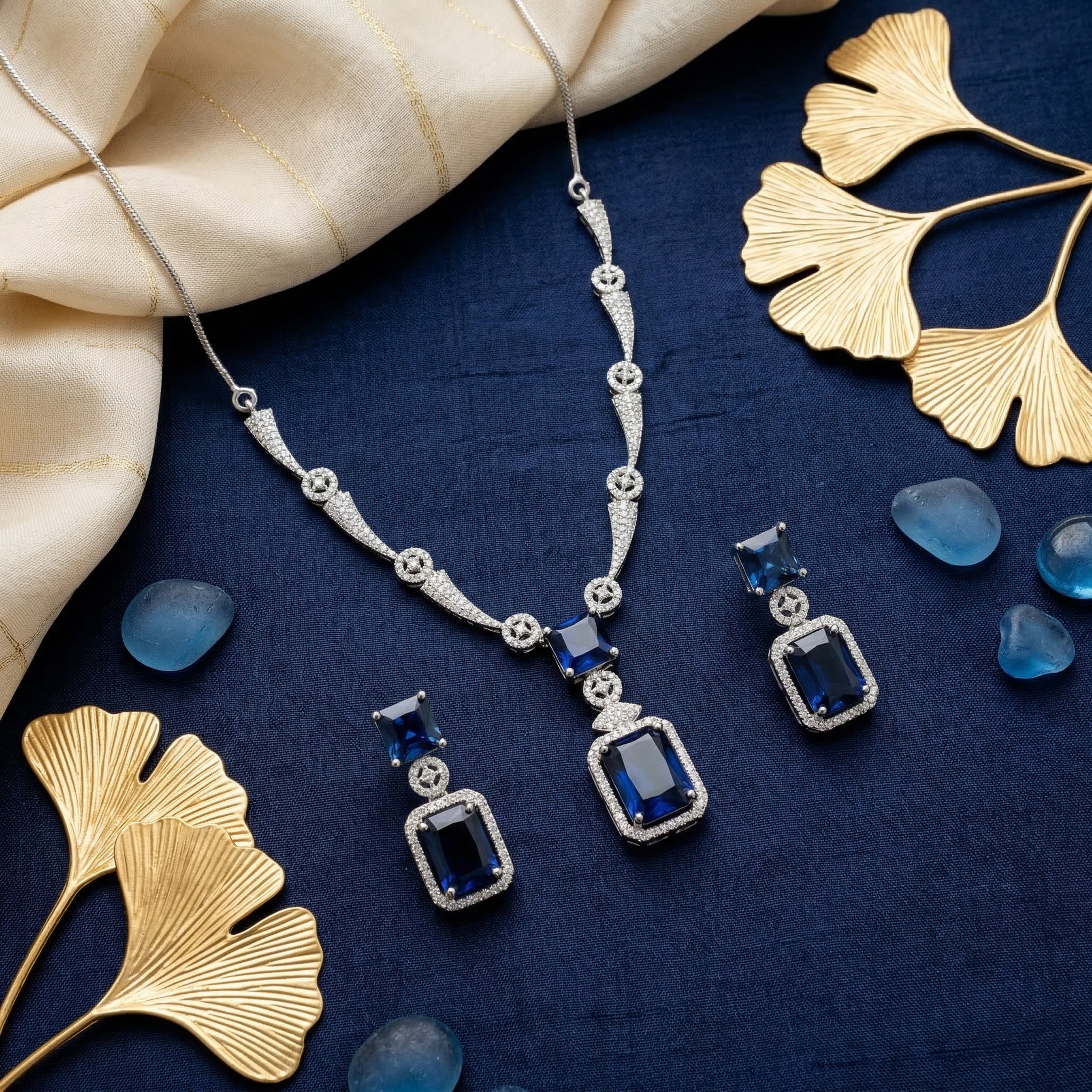 Regal Geometry American Diamond Necklace Set (Rhodium Plated)