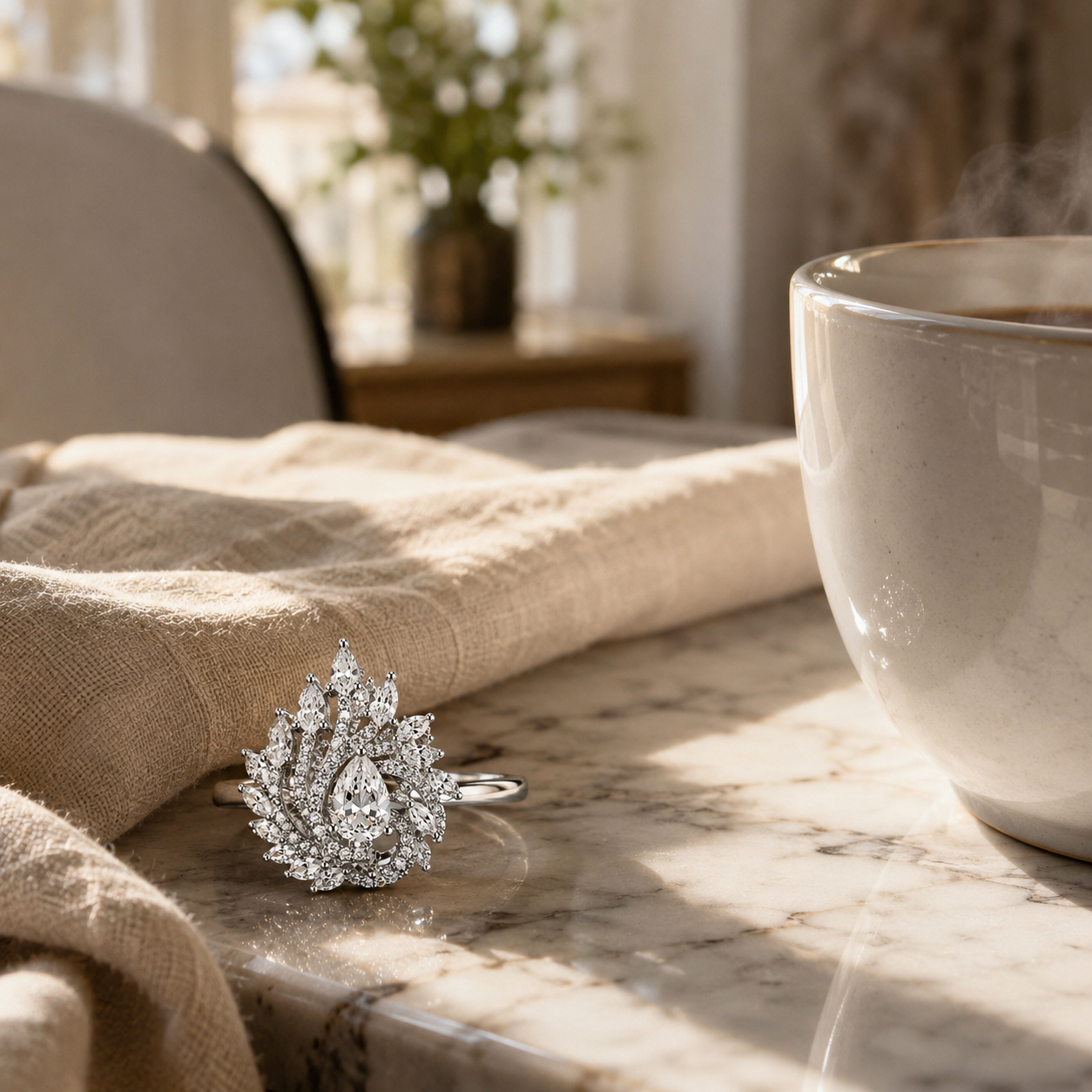 AAA American Diamond Halo Cocktail Brass Ring| Statement Solitaire Finger Ring