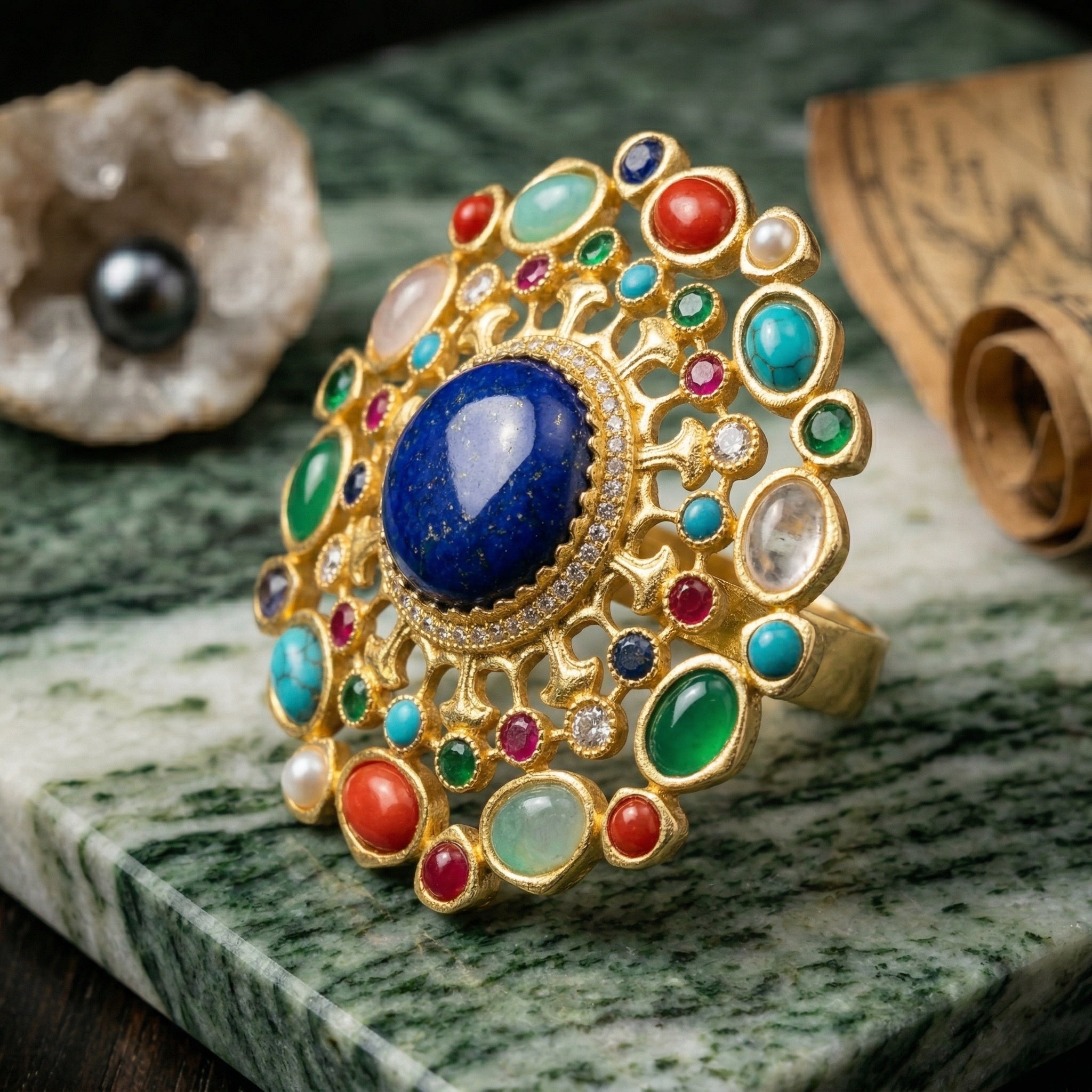 Gold Plated Brass Cocktail Ring with Lapis Lazuli & Multicolour Cabochon Stones | Mughal-Inspired Statement Ring