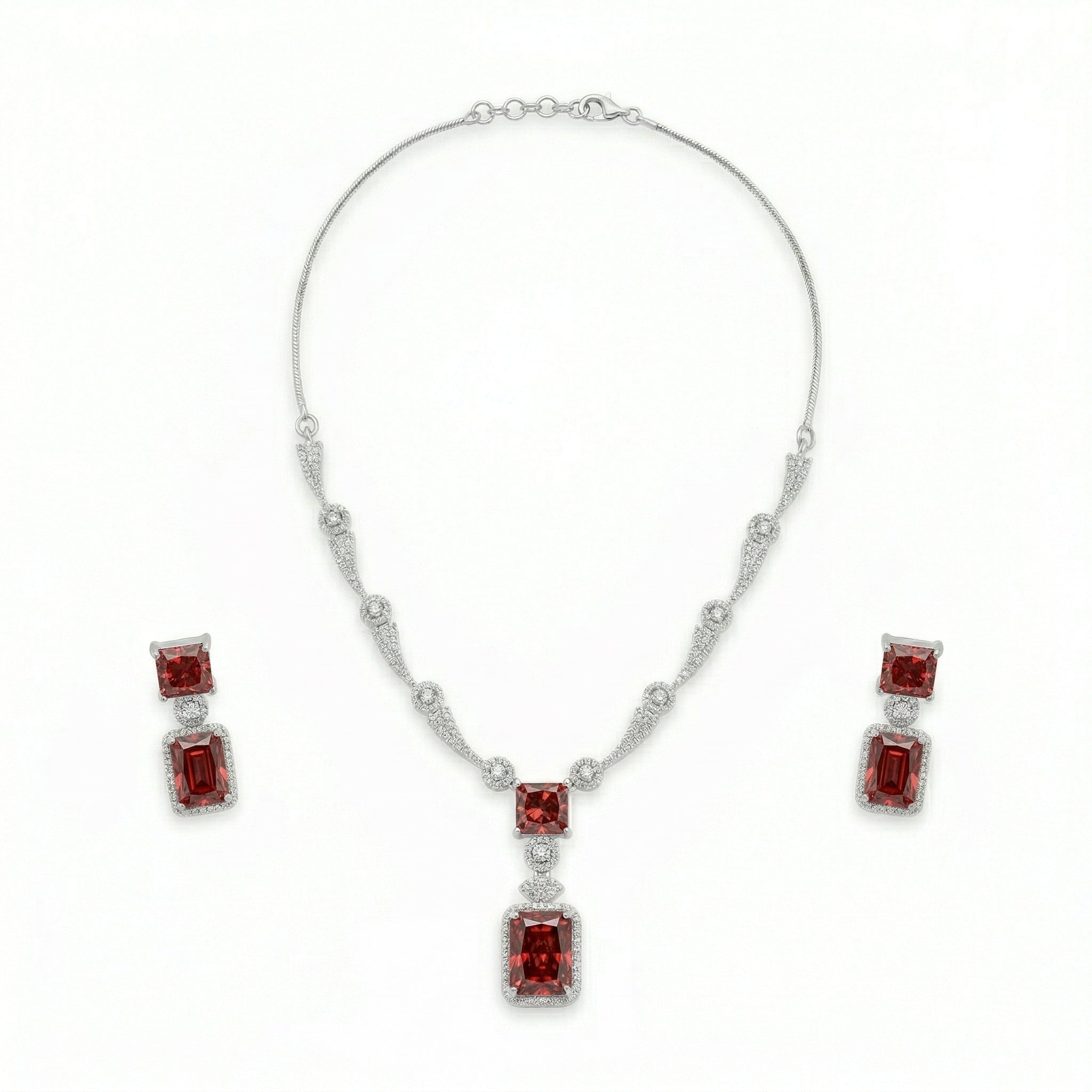Regal Geometry American Diamond Necklace Set (Rhodium Plated)